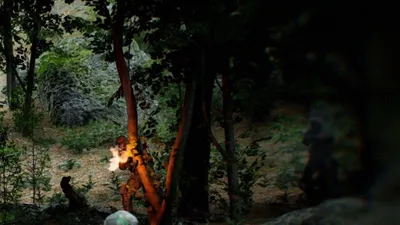 Bodycam operators moving through a forest firefight